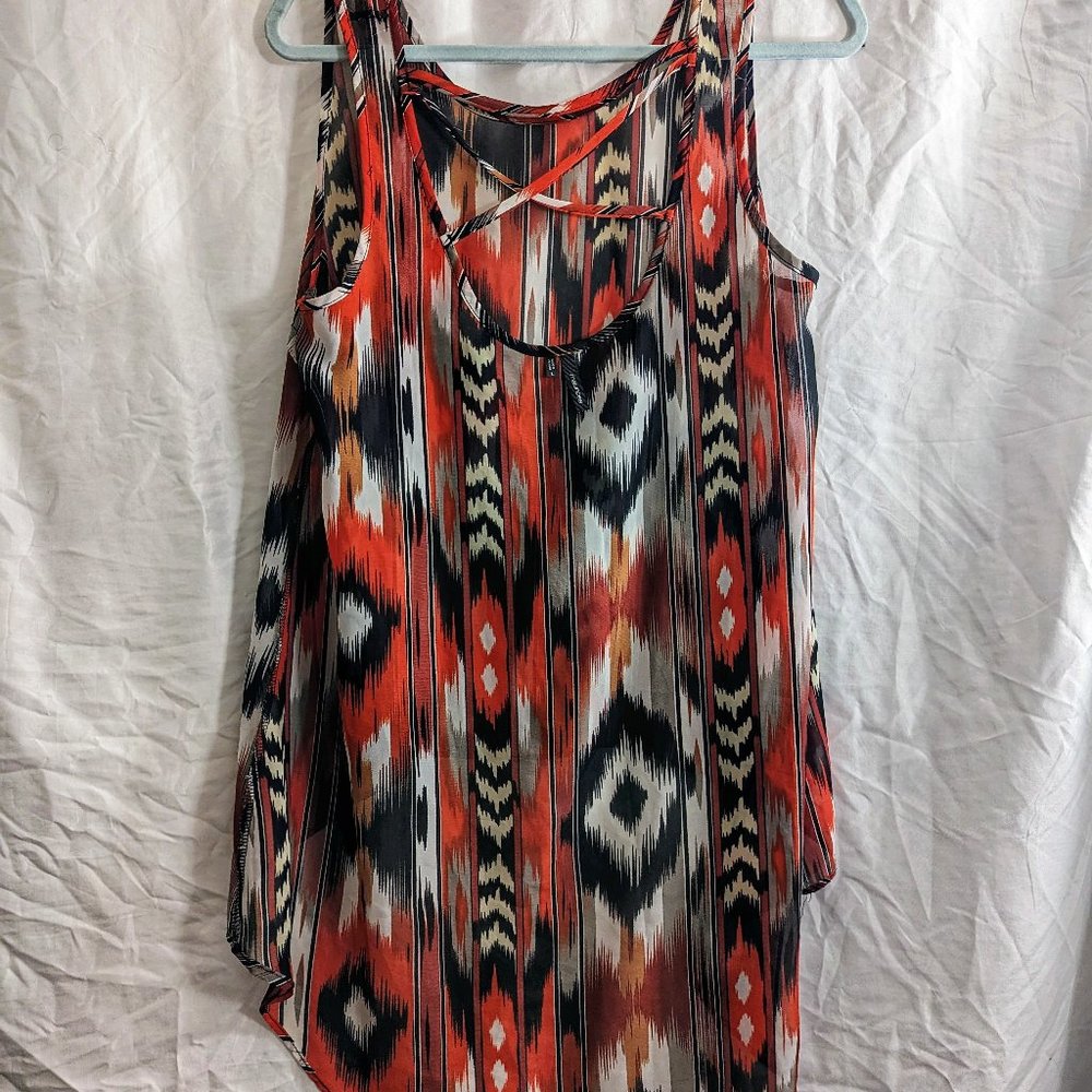 Sheer High-Low Aztec Print Boho Tank